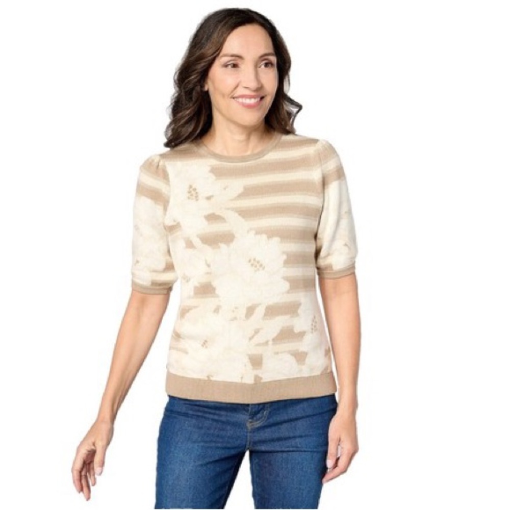 Isaac Mizrahi Live! Tan Floral Jacquard Elbow Sleeve Pullover Sweater